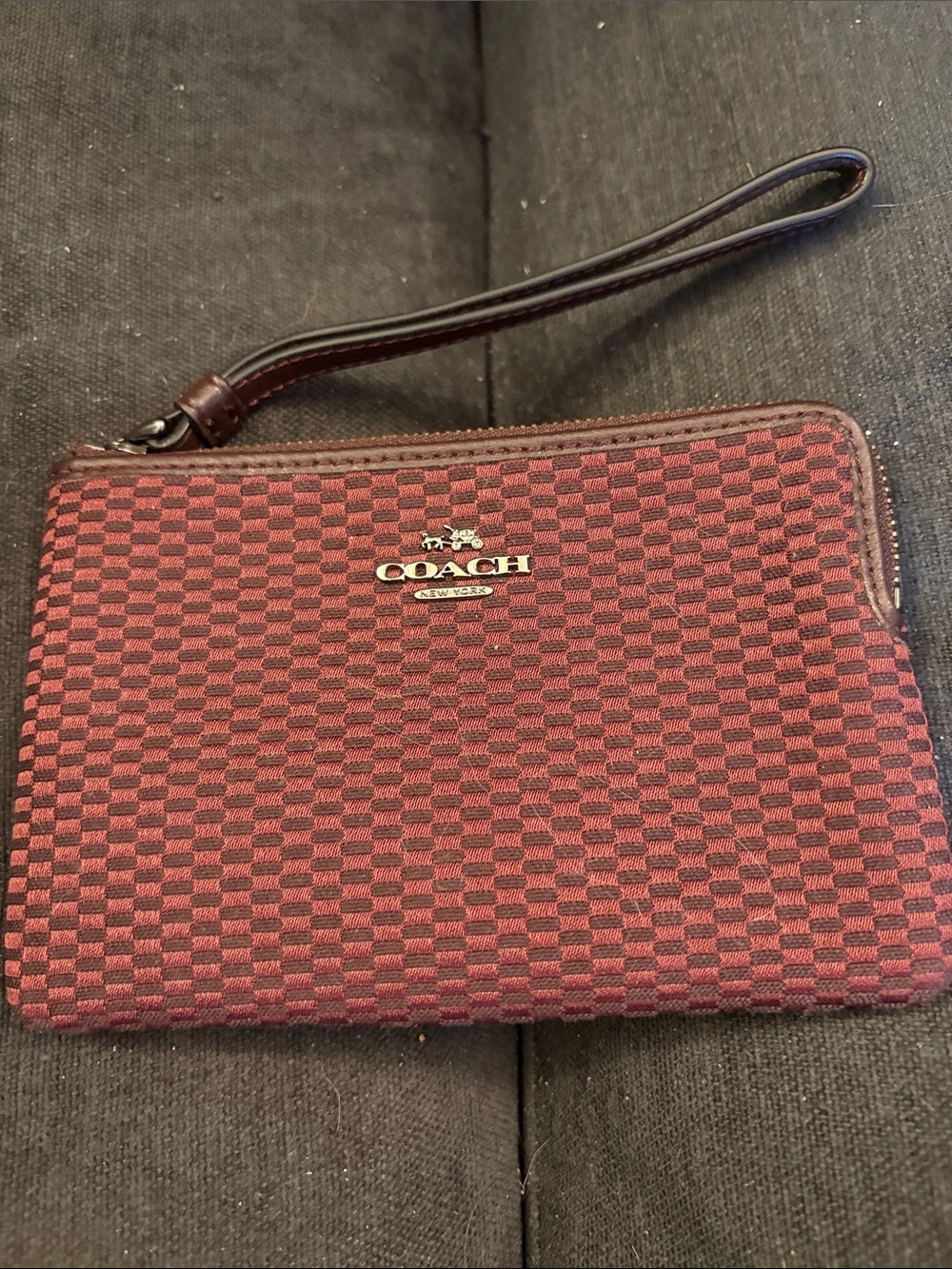 Coach Maroon Checker Wristlet with Leather Strap